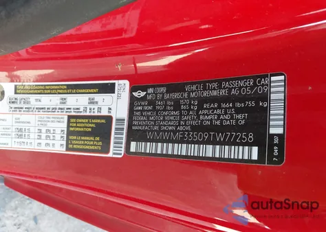 2009 Mini Cooper из США, поврежденный, VIN WMWMF33509TW77258